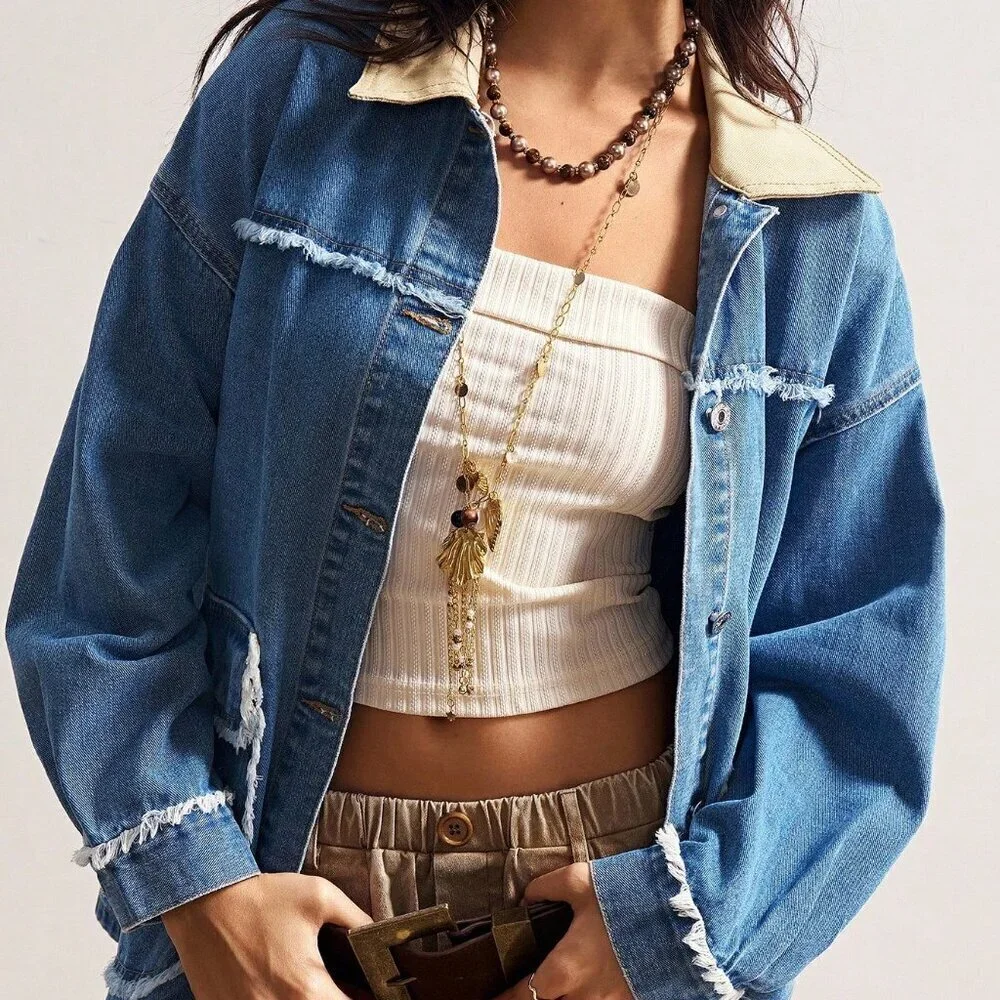 Blue Casual Women's Loose Woven oversized denim Jacket